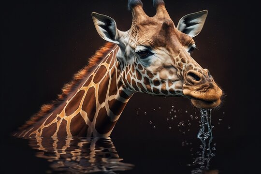 A Giraffe in a pond of water drinking from the same water the Giraffe is in with a Dark background. soft light. Generative AI illustrations. 