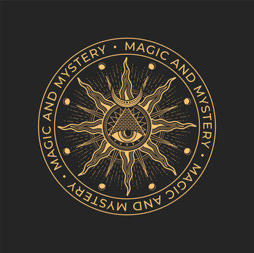 Magic and occult, mason alchemy icon. All seeing eye, pyramid and sun magic tattoo or vector emblem. Occultism spiritual or religion sign, tarot symbol. Occult seal, mason esoteric circle icon