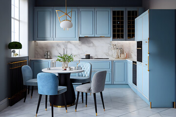 Luxury marble modern kitchen featuring light blue flat front cabinets paired with white countertops, dining table and furniture