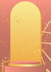 Gold and Light Red pedestal podium. Realistic cylinder stage showcase for presentation. Abstract Mockup product display. Vector futuristic room. Luxury minimal geometric forms, empty scene.