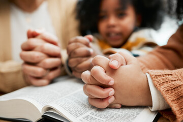 Bible, hands or mother praying with kid siblings for prayer, support or hope together in Christianity. Children education, family worship or woman studying, reading book or learning God in religion