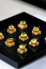 The waiter holds a Set of festive appetizer canapes on bread on a black tray as an event dish. Buffet table. Catering. Delicacy. Haute cuisine. 