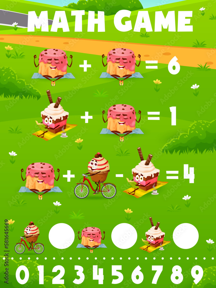 Poster cartoon dessert, cake and pancake characters math game worksheet. vector arithmetic learning task, m