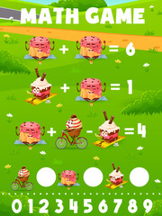 Naklejka premium Cartoon dessert, cake and pancake characters math game worksheet. Vector arithmetic learning task, mathematics riddle for children education with funny pastry sweets personages summertime activities
