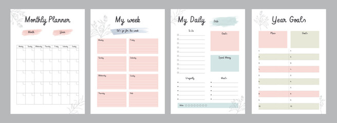 4 set of Daily, week, monthly, yearly planner. Minimalist planner template set. Vector illustration.