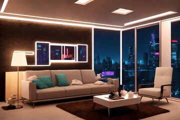 futuristic interior design luxury modern house with neon light, generative art by A.I