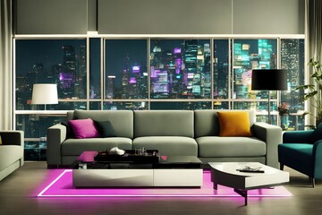 futuristic interior design luxury modern house with neon light, generative art by A.I