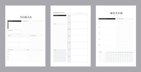 3 set of Daily, week, monthly planner. Minimalist planner template set. Vector illustration.
