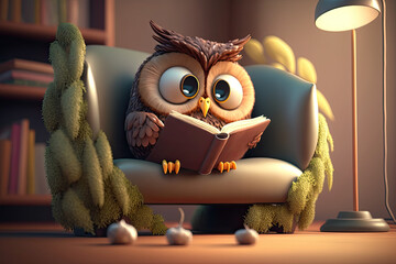 An owl reading book on sofa, learning and knowledge concept, generative AI