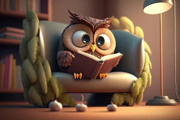 Photo sur Plexiglas Dessins animés de hibou An owl reading book on sofa, learning and knowledge concept, generative AI