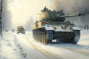 Tanks convoy on a snowy road, generative AI - obrazy, fototapety, plakaty