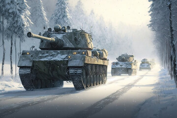 Tanks convoy on a snowy road, generative AI - obrazy, fototapety, plakaty
