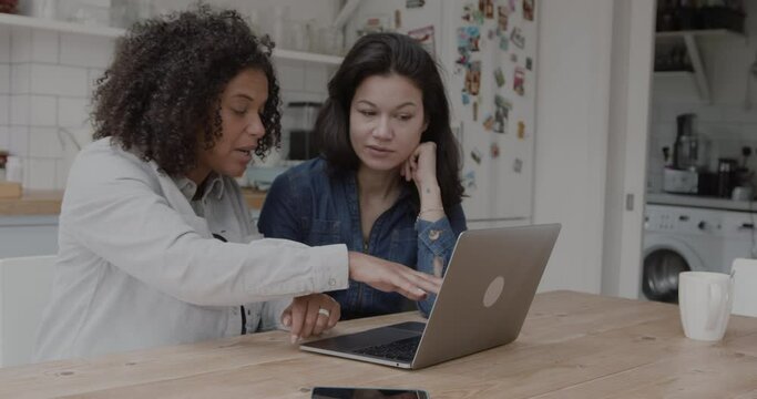 Lesbian Couple in Kitchen using Laptop for Personal Finance