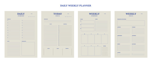 4 set of Daily, weekly  planner. Minimalist planner template set. Vector illustration.