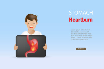 Man holding x ray film with heartburn stomach, gerd, gastric ulcers. Digestive disorder causes patient heartburn pain or acid reflux indigestion. Medical and healthcare. 