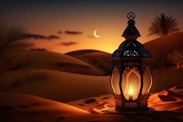 oriental lamp in sand at ramadan night, landscape with bright sunset background made with Generative AI