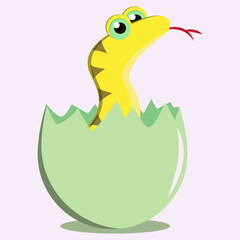 Yellow snake cartoon character hatching from its egg on white background flat vector icon design template.