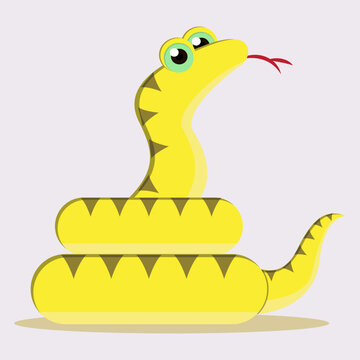 Yellow snake cartoon character coiled around himself on white background flat vector icon design template.