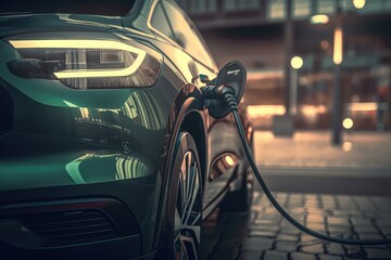 Power supply connect to electric car for add charge to the battery. Charging technology industry transport which are the future of the Automobile. Generative AI