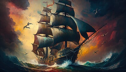 Fototapeta na wymiar a classic sailing ship, battling against a storm, conveying a sense of danger and chaos generative ai