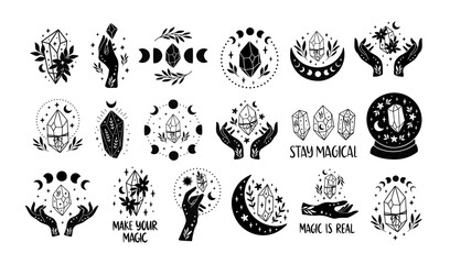 Witchy hands with boho moon crystal vector illustration set. Mystical witchcraft clipart for esoteric t-shirt print, magical logo, boho poster, celestial card. - obrazy, fototapety, plakaty