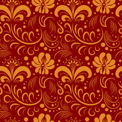 Pattern in Russian style Khokhloma. Traditional botanical folk drawing. Gold on red. Vintage illustration for wallpaper, printing on fabric, wrapping, background.