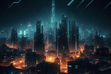 Night city Cyber punk landscape concept of the city with  glowing lights - obrazy, fototapety, plakaty