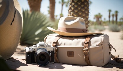 Suitcase with hat on it and DSLR camera next to it close to palm trees. Vacation travel concept. Generative AI.