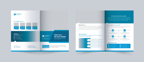 Fototapeta na wymiar Medical and healthcare two-fold or bifold brochure template hospital 4 pages bi-fold brochure, multipurpose company profile back and inside pages template