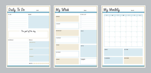 3 set of Daily, week, monthly planner. Minimalist planner template set. Vector illustration.