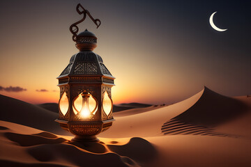 Arabic lantern in a desert. Holy month of Ramadan concept. Dusk sky, crescent moon. Copy space made with Generative AI