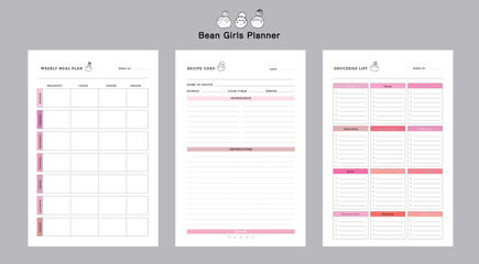 (Smile Bean) 3 set of Recipe Card and Meal Plan and Groceries list Planner. List. Memo. template.
