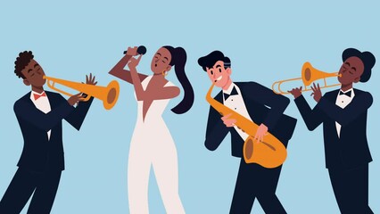 woman singing and musicians characters animation