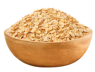 Oat flakes in wooden bowl or Dry rolled oatmeal in wooden scoop isolated. Png transparency
