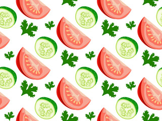 Pattern with cucumber, tomato and parsley. Seamless pattern in vector. Realistic image of vegetables.