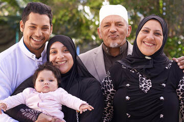Generations of joy. Portrait of a muslim family enjoying a day outside.