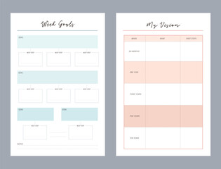 Wish goal and my vision planner. Minimalist planner template set. Vector illustration.