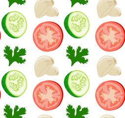 Pattern with sliced cucumbers, tomatoes, garlic and spices. Pattern with food. Seamless pattern in vector. Realistic image of vegetables. Isolated figures.
