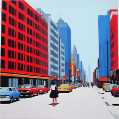 a girl hurries along a city street, pop art, bright colors, fantasy, generated in AI