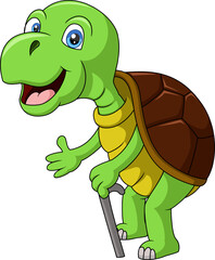 Cute old turtle cartoon walking with stick