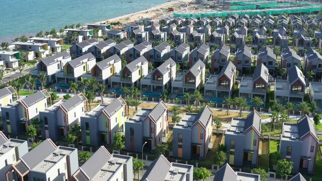 Ba Ria Vung Tau, Vietnam Aug 2022 Aerial 4k  video of ocean villas at Nova World Ho Tram