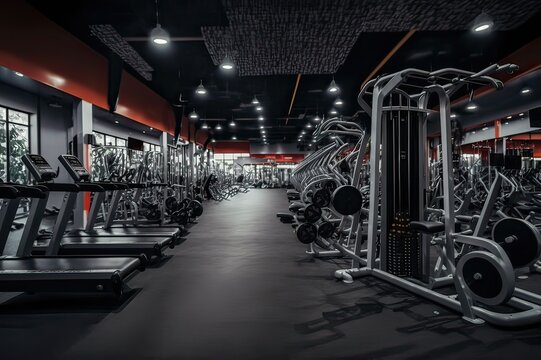 Gym with no people: Equipment Galore. Photo generative AI