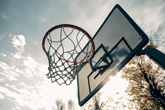 Outdoor court basketball hoop, low angle view with sky. Photo generative AI