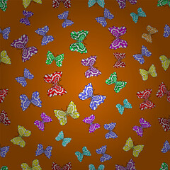 Seamless pattern with interesting doodles on colorfil background. Vector illustration. Butterflies.