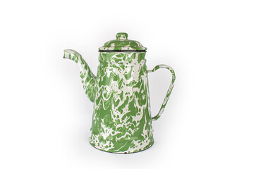 A vintage green and white teapot isolated on white background