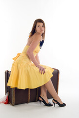 Naklejka premium Attractive woman sitting on vintage suitcase