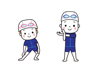水泳の前に準備運動をする男の子と女の子　ジェンダーレス水着 - obrazy, fototapety, plakaty