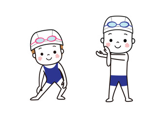 水泳の前に準備運動で手足をストレッチする男の子と女の子