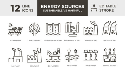 Energy sources, sustainable vs harmful. Vector thin line icons with eco and fossil fuel plants, factories, stations and energy generators