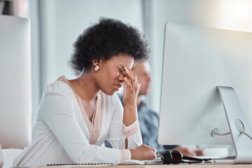 Tired, headache and woman on computer in office workspace with job depression, burnout and mental health risk. Business person working on desktop with workplace noise and stress, fatigue or migraine